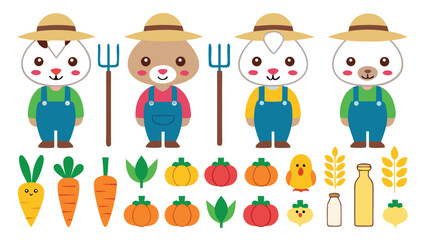 Cute Cartoon Farmers with Vegetables and Grains for Childrens Books and Educational Resources Illustration