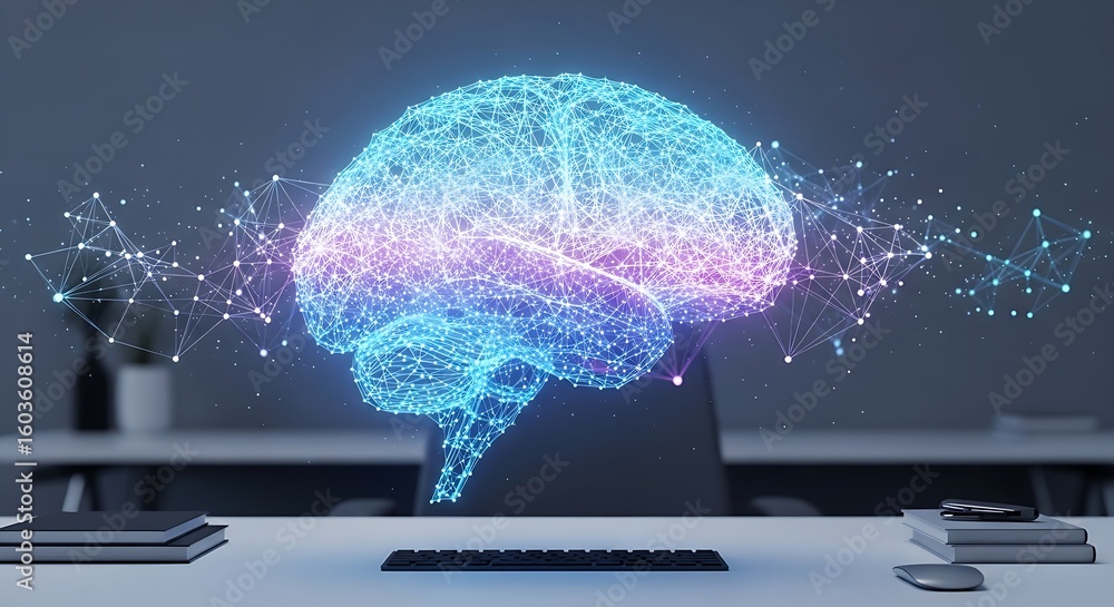 Poster digital brain illustration with network connections on a desk with keyboard and books