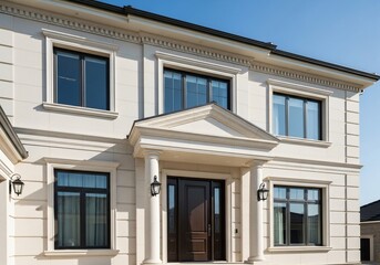 Elegant Cream Stone Mansion Exterior with Dark Windows and Grand Entrance