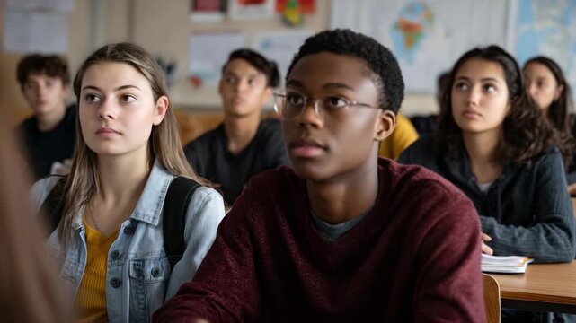 A diverse group of students attentively listens in class, highlighting concentration, collaborative learning, and the vibrant energy of educational experiences in a modern classroom environment.