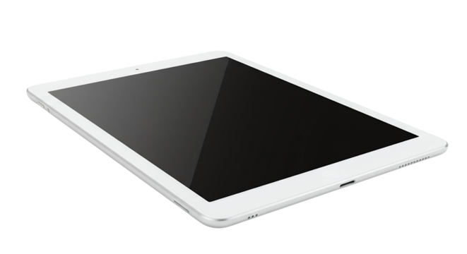A sleek, modern white tablet, positioned at a slight angle as if leaning, white background isolated