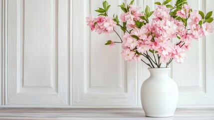 Elegant pink flowers in white vase against a bright wooden background for home decor and artistic arrangements