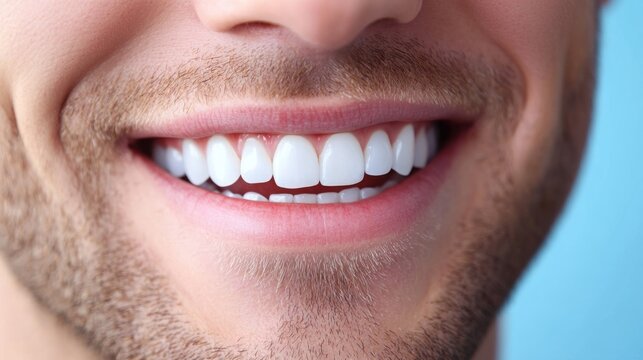 Close-up of a smiling man"s mouth showing clean, white teeth and light facial hair against a blue background.