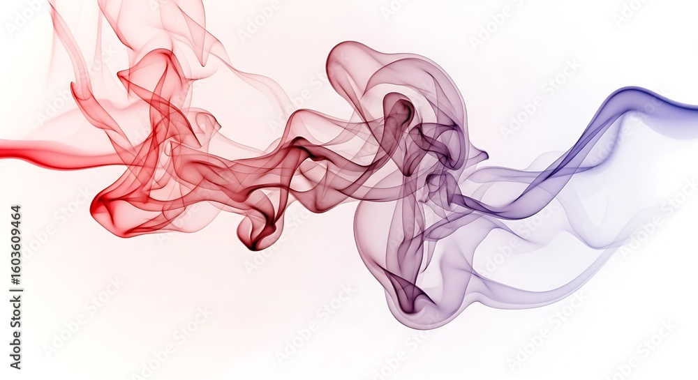Poster abstract image of red and purple smoke flowing on a white background with dynamic and smooth movemen