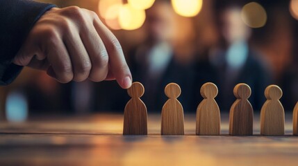 A hand selects a wooden human figure from a row, symbolizing choice, decision-making, or recruitment in a blurred, warm-toned background.