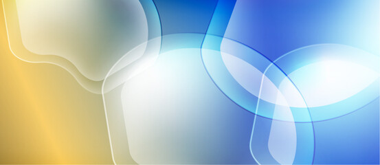 Abstract background features flowing shapes, gold, blue hues. Soft gradients create dynamic visual effect. Smooth transitions dominate composition.