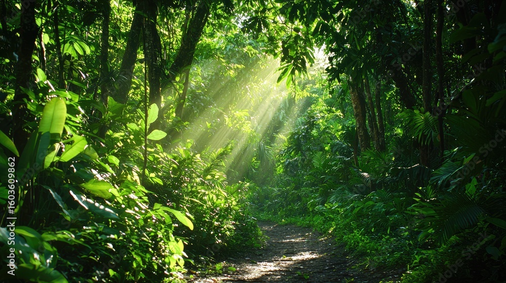 Poster sunlight filtering through lush green tropical forest creating tranquil nature path with vibrant fol
