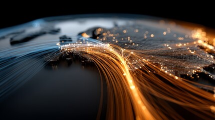 A digital visualization of glowing data streams flowing across a dark map, symbolizing global connectivity and network communication.