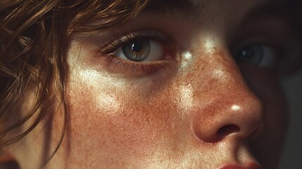 Fototapeta premium Close-up of face, freckles, blue eye, redhead hair, depicting natural beauty and unique features