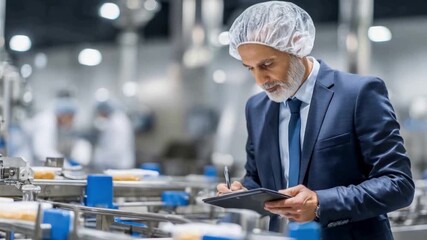 Precision Inspection: An expert in a smart suit, examines production with focused dedication and attention, overseeing the process with meticulous care, dressed for industry and safety.