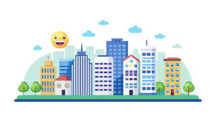Cityscape cartoon vector illustration with buildings skyscrapers trees and happy sun for urban design projects