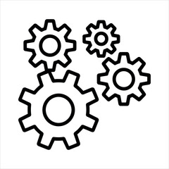 Four black outline gears interlocking on a white background cogwheel mechanical