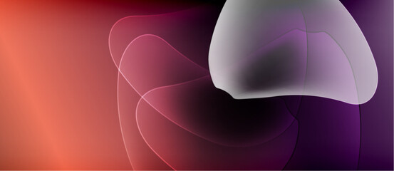 Abstract gradients blend, creating fluid shapes. Soft colors transition from orange to purple, evoking calm atmosphere. Minimalist design.