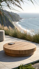 Obraz premium Wooden Outdoor Coffee Table with Ocean View