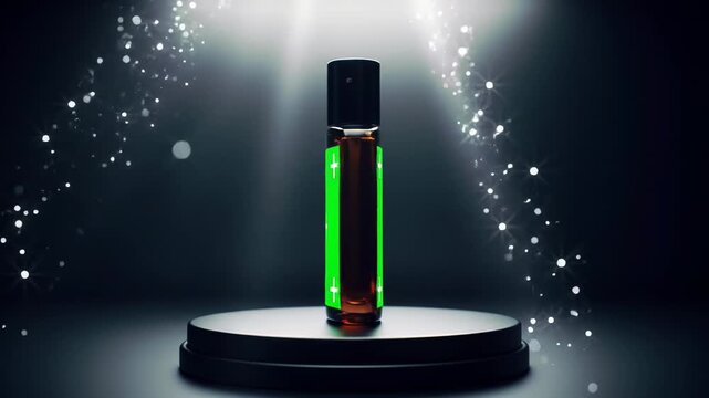 Luxurious amber glass roller bottle with a blank green label for mockup, presented on a dark podium under spotlights and sparkles.