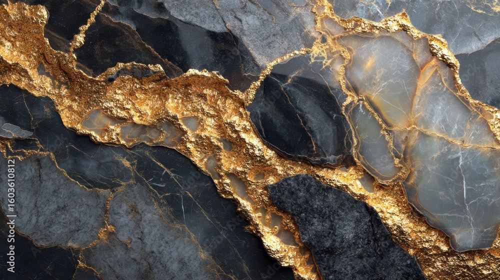 Poster close-up of a textured dark stone surface with golden veins and intricate natural patterns, highligh