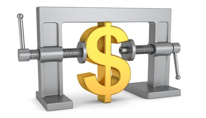 A gold dollar symbol is squeezed between metal vise grips