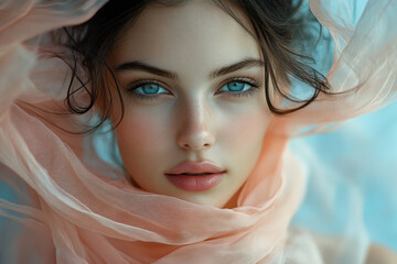 Woman with blue eyes wearing pink scarf.