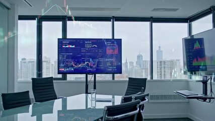 Modern office meeting room with financial data displays - Powered by Adobe