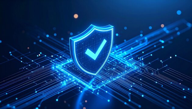 Futuristic Cybersecurity Concept: Glowing Shield Icon on a CPU with Blue Data Lines.