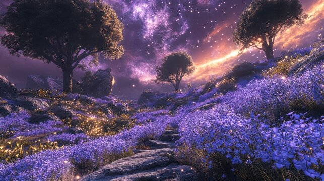 Magical purple flower path at sunset - Powered by Adobe