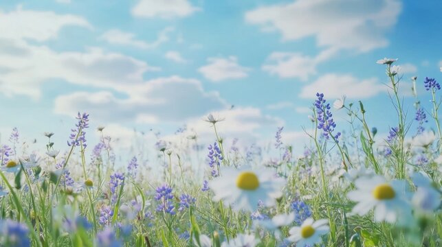 Beautiful field meadow flowers chamomile, blue wild peas in morning against blue sky with clouds, nature landscape, close-up macro. Wide format, copy space - Powered by Adobe