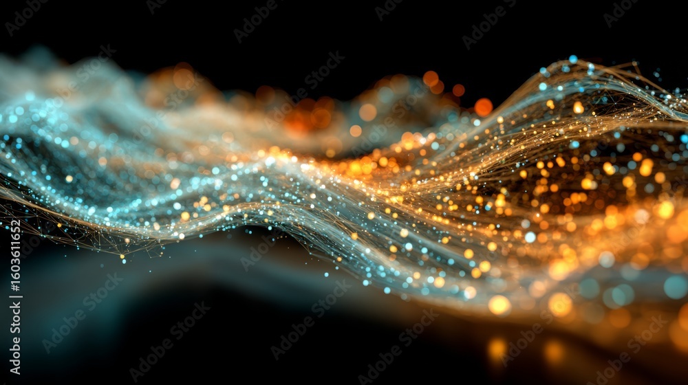 Poster abstract flowing wave of glowing blue and orange particles and lines creates a dynamic and futuristi