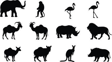 Obraz premium Diverse animal silhouettes including elephant, camel, lion, flamingo, monkey, rhino, kangaroo, warthog, and more