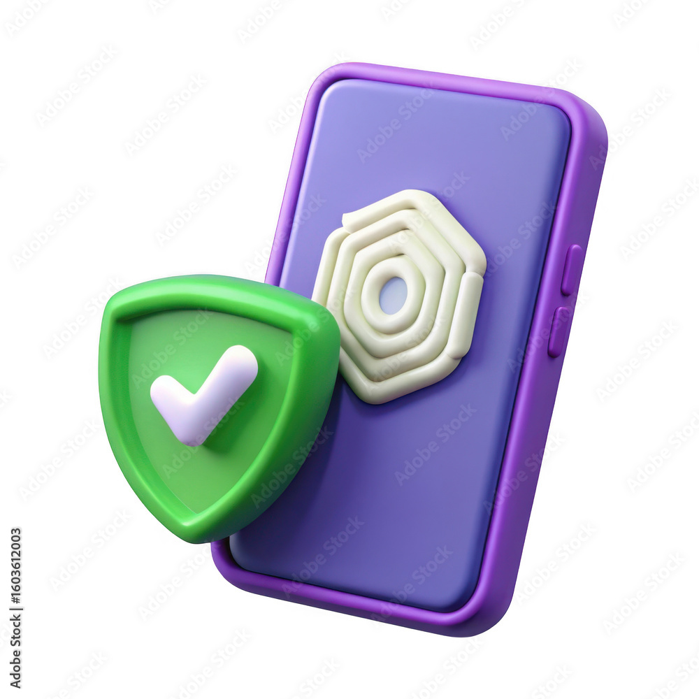 Poster 3d mobile phone security shield with checkmark isolated on transparent background