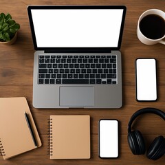 Espacio de trabajo moderno con laptop, cuadernos y caf&eacute; sobre escritorio de madera.