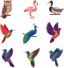 Fototapeta premium Stunning collection of diverse, vibrant birds including owl, flamingo, peacock, hummingbirds, and pigeon