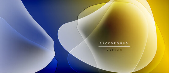 Abstract fluid shapes blend, creating dynamic yellow, blue gradients. Minimalist design with text elements present. Modern aesthetic.