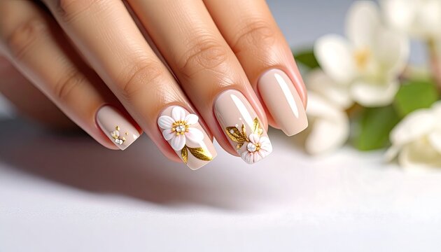 Close-up of decorated nails with flowers