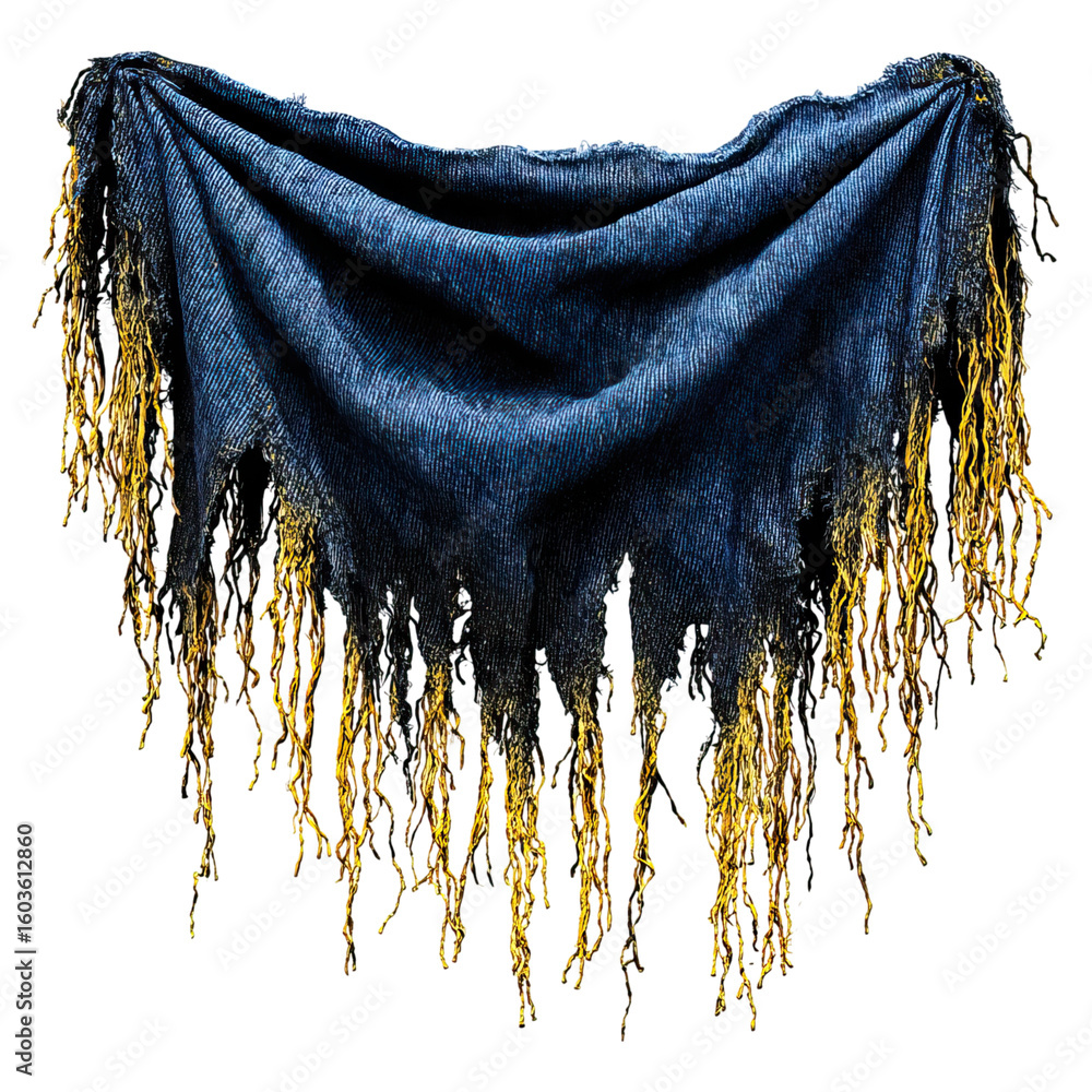 Poster frayed denim with loose threads concept. textured fabric with frayed edges, creating an artistic bac