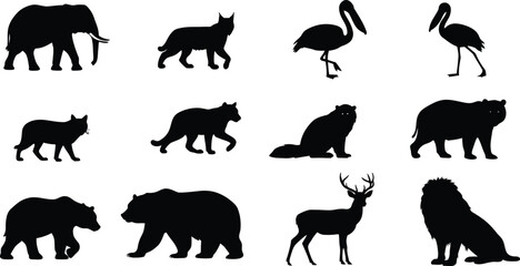 Fototapeta premium Collection of diverse animal silhouettes including elephant, lion, bear, deer, cat, flamingo, pelican