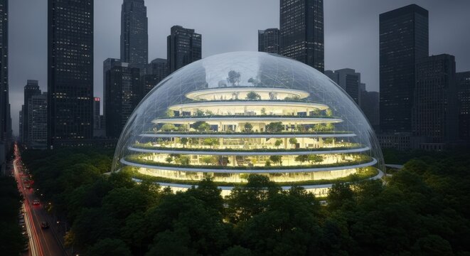 A futuristic glass dome building with multiple levels of greenery, illuminated at night amidst a dense cityscape of skyscrapers