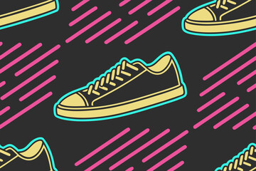 Yellow sneaker with turquoise outline and pink diagonal lines shoe footwear