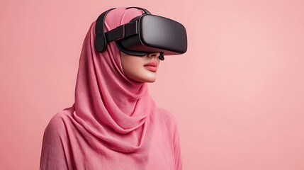 Hijab woman wearing virtual reality goggles. Future technology concept.