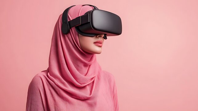 Hijab woman wearing virtual reality goggles. Future technology concept. - Powered by Adobe