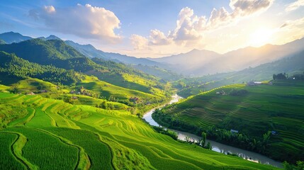 Fototapeta premium Serene Landscape of Lush Green Rice Terraces Under a Bright Sky at Sunset in Rural Vietnam