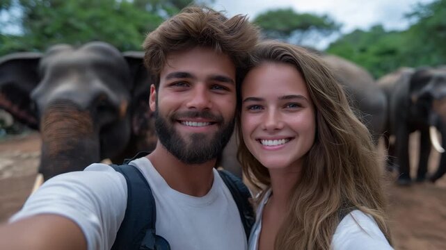 Couple interacting with elephants and feeding them at a wildlife sanctuary. Heartwarming and adventurous scene ideal for travel, wildlife, conservation, and experiential content.