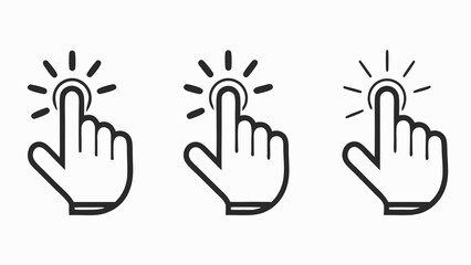 Fototapeta premium Three black hand cursor icons with radiating lines
