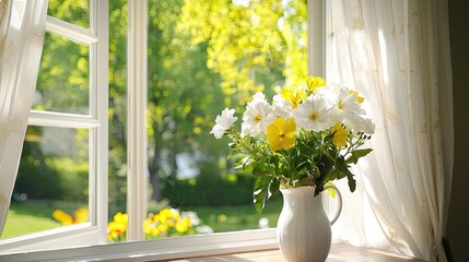 Fototapeta premium Bright and Cheerful Flower Arrangement by the Window with Lush Greenery in the Background and Natural Light Streaming In