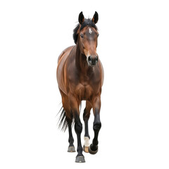 A majestic brown horse with a white blaze on its forehead walks directly towards the camera. Its powerful build and elegant stride are captured, perfect for equestrian themes or animal studies.