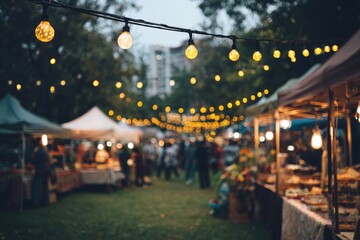 Evening outdoor market with string lights