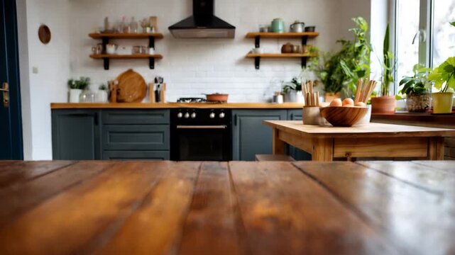 This inviting kitchen image features a rustic wooden table, modern appliances, and greenery, creating a cozy atmosphere perfect for culinary adventures or gatherings.