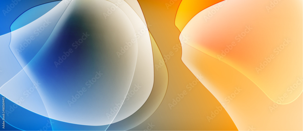 Poster abstract fluid shapes blend blue, white, orange hues. soft gradients create dynamic visual effect. m