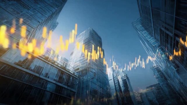 Financial Growth in the Metropolis: A dynamic view of modern skyscrapers interplays with the depiction of fluctuating market indicators, symbolizing economic growth and urban progress.