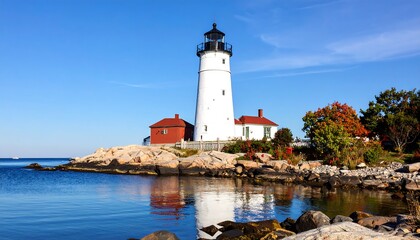 Coastal lighthouse reflected in calm water