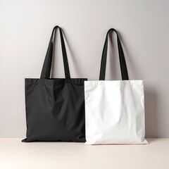 Two stylish black and white tote bags are elegantly displayed on a wooden table, showcasing their unique patterns and textures in soft natural light.